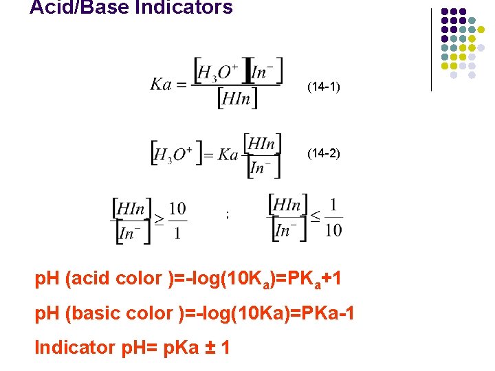 Acid/Base Indicators (14 -1) (14 -2) ； p. H (acid color )=-log(10 Ka)=PKa+1 p.