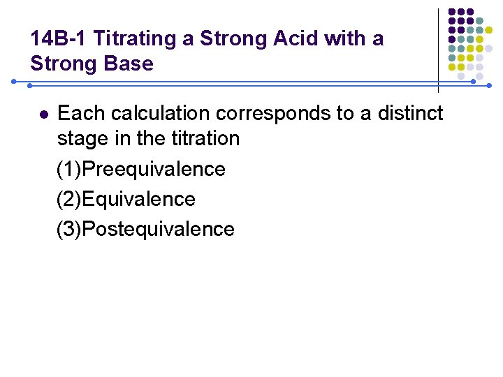 14 B-1 Titrating a Strong Acid with a Strong Base l Each calculation corresponds