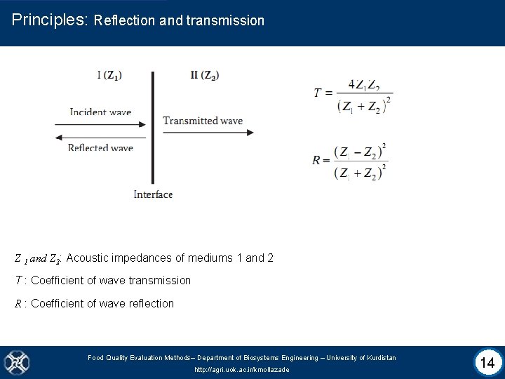 Principles: Reflection and transmission Z 1 and Z 2: Acoustic impedances of mediums 1