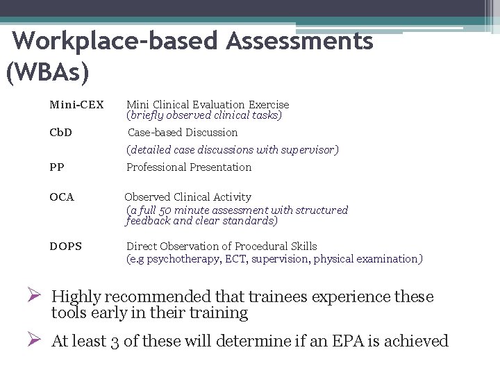 22 Workplace-based Assessments (WBAs) Mini-CEX Mini Clinical Evaluation Exercise (briefly observed clinical tasks) Cb.