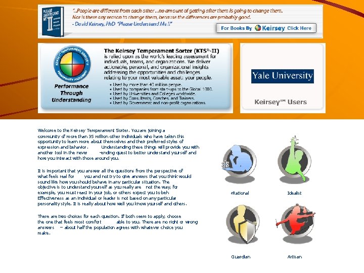 Welcome to the Keirsey Temperament Sorter. You are joining a community of more than
