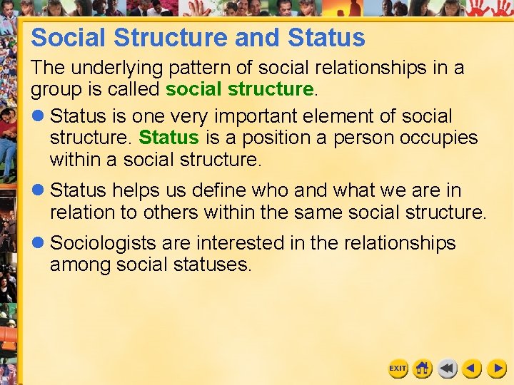 Social Structure and Status The underlying pattern of social relationships in a group is Social Structure and Status The underlying pattern of social relationships in a group is