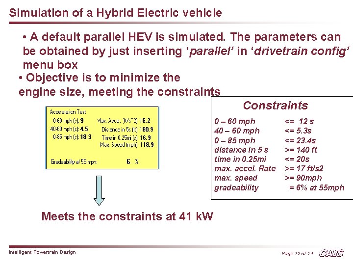 Simulation of a Hybrid Electric vehicle • A default parallel HEV is simulated. The