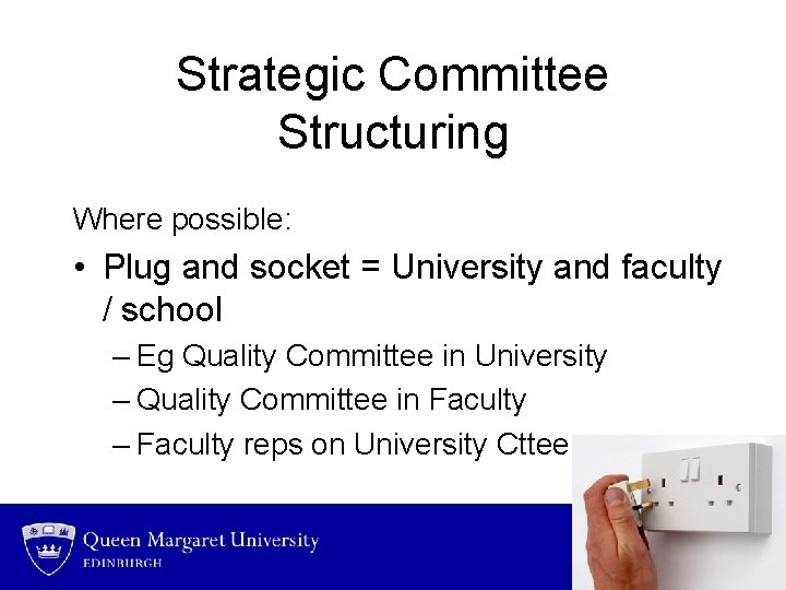 Strategic Committee Structuring Where possible: • Plug and socket = University and faculty /