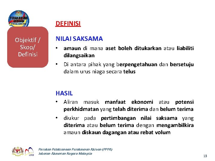 DEFINISI Objektif / Skop/ Definisi NILAI SAKSAMA • amaun di mana aset boleh ditukarkan