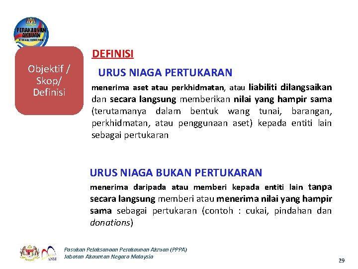 DEFINISI Objektif / Skop/ Definisi URUS NIAGA PERTUKARAN menerima aset atau perkhidmatan, atau liabiliti