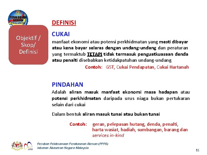 DEFINISI Objektif / Skop/ Definisi CUKAI manfaat ekonomi atau potensi perkhidmatan yang mesti dibayar