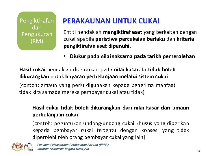 Pengiktirafan dan Pengukuran (RM) PERAKAUNAN UNTUK CUKAI Entiti hendaklah mengiktiraf aset yang berkaitan dengan