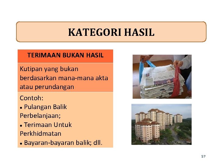 KATEGORI HASIL TERIMAAN BUKAN HASIL Kutipan yang bukan berdasarkan mana-mana akta atau perundangan Contoh: KATEGORI HASIL TERIMAAN BUKAN HASIL Kutipan yang bukan berdasarkan mana-mana akta atau perundangan Contoh: