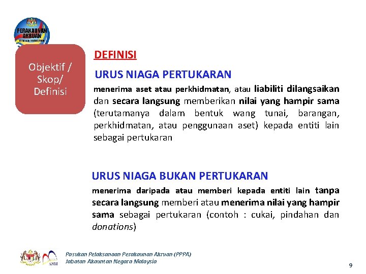 Objektif / Skop/ Definisi DEFINISI URUS NIAGA PERTUKARAN menerima aset atau perkhidmatan, atau liabiliti