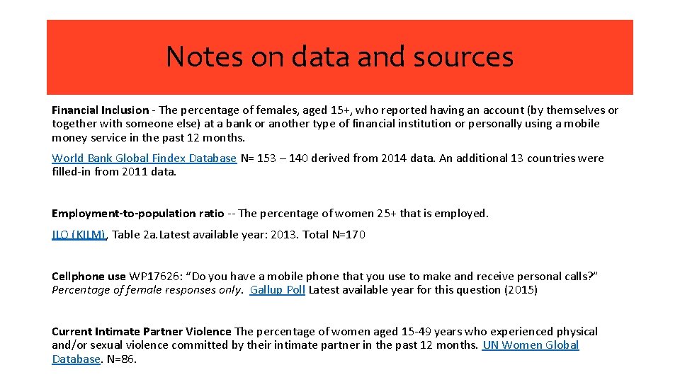 Notes on data and sources Financial Inclusion - The percentage of females, aged 15+,