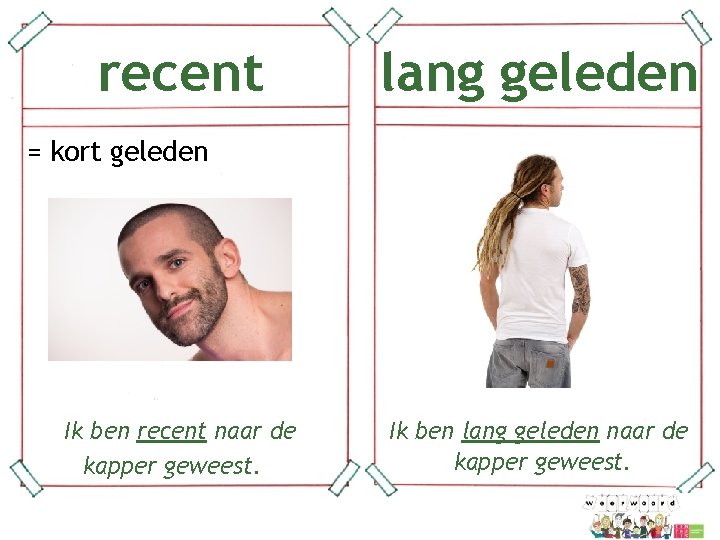 recent = kort geleden Ik ben recent naar de kapper geweest. lang geleden Ik