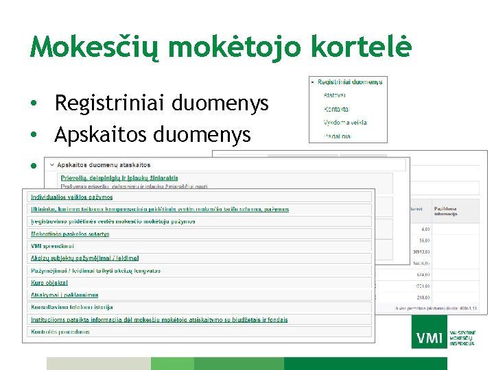 Mokesčių mokėtojo kortelė • Registriniai duomenys • Apskaitos duomenys • Kiti duomenys 