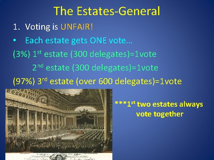 The Estates-General 1. Voting is UNFAIR! • Each estate gets ONE vote… (3%) 1