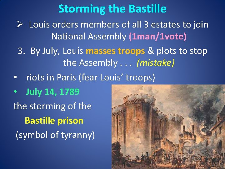 Storming the Bastille Ø Louis orders members of all 3 estates to join National