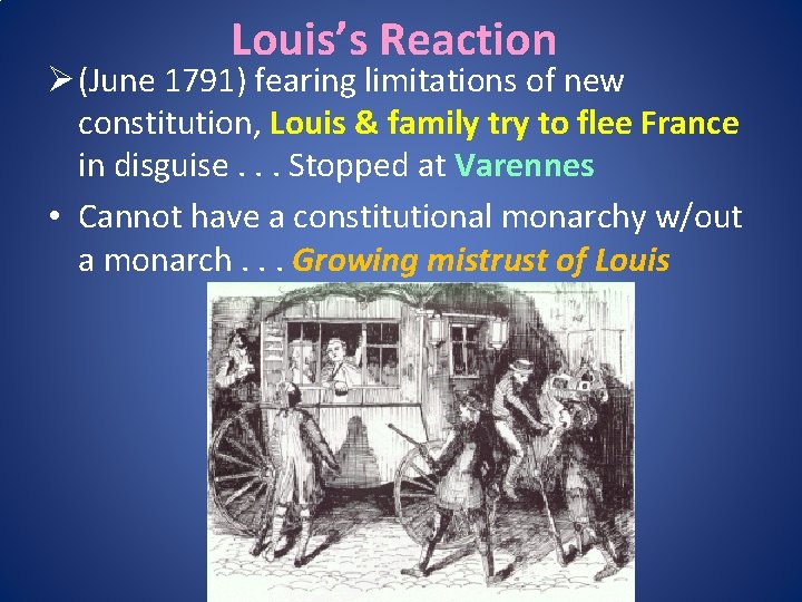 Louis’s Reaction Ø (June 1791) fearing limitations of new constitution, Louis & family try