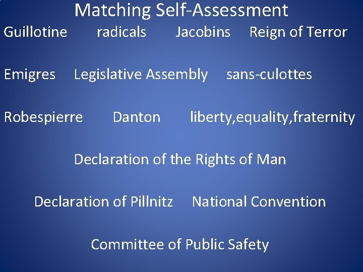 Guillotine Emigres Matching Self-Assessment radicals Jacobins Legislative Assembly Robespierre Danton Reign of Terror sans-culottes