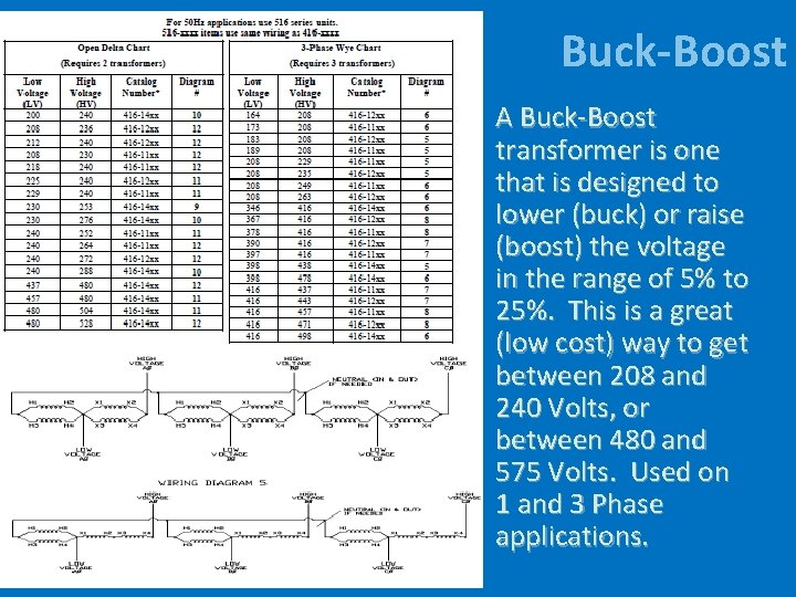 Buck-Boost • A Buck-Boost transformer is one that is designed to lower (buck) or