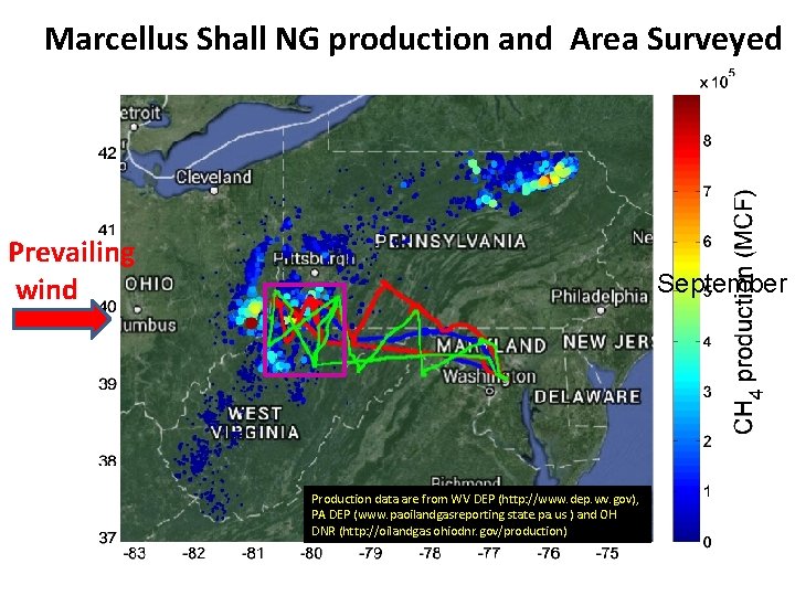 Marcellus Shall NG production and Area Surveyed Prevailing wind September 2 Production data are