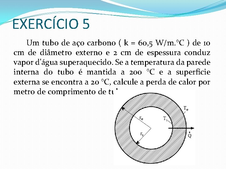 EXERCÍCIO 5 Um tubo de aço carbono ( k = 60, 5 W/m. °C