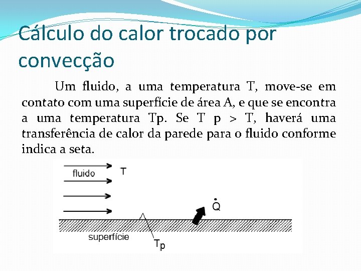 Cálculo do calor trocado por convecção Um fluido, a uma temperatura T, move-se em