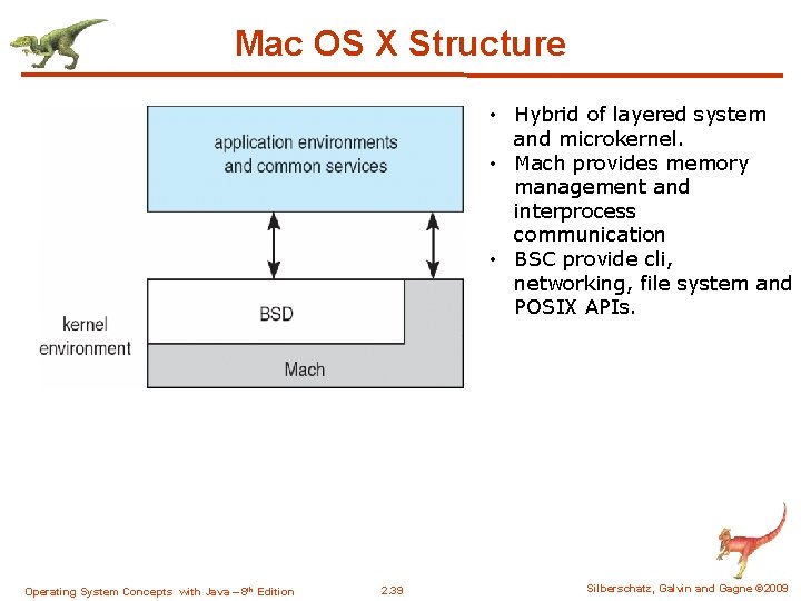 Mac OS X Structure • Hybrid of layered system and microkernel. • Mach provides