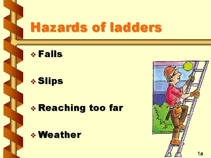 Hazards of ladders v Falls v Slips v Reaching too far v Weather 1