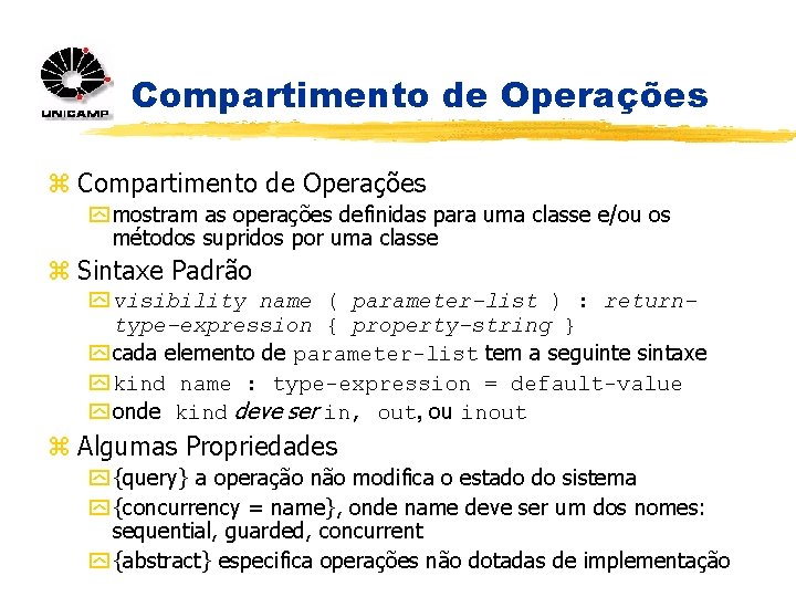 Compartimento de Operações z Compartimento de Operações y mostram as operações definidas para uma
