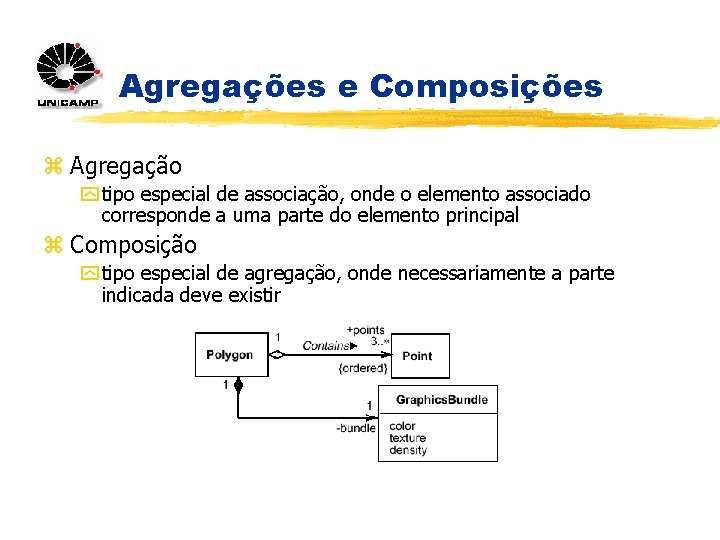 Agregações e Composições z Agregação y tipo especial de associação, onde o elemento associado