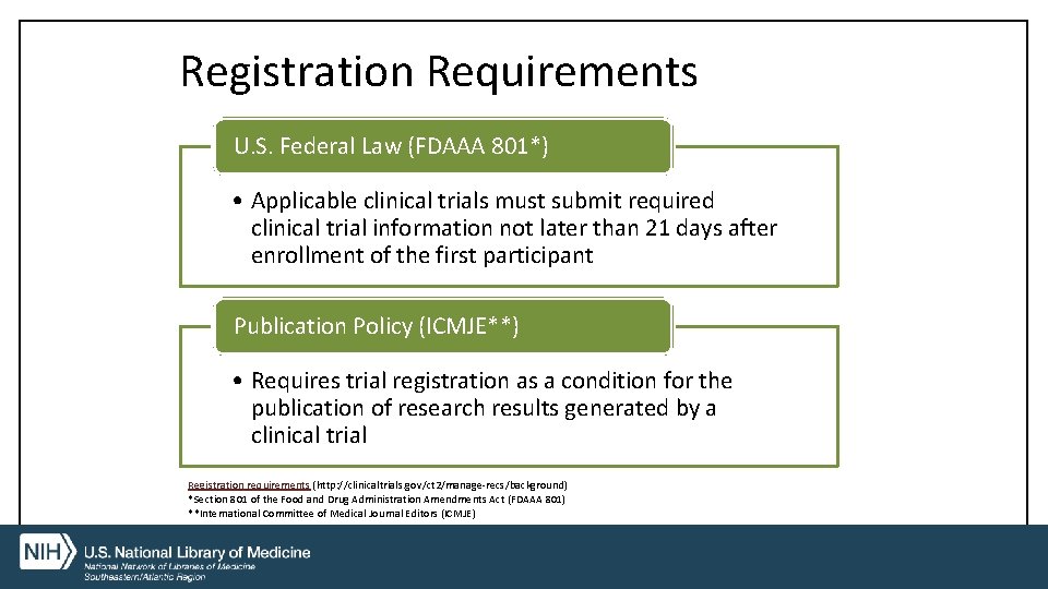Registration Requirements U. S. Federal Law (FDAAA 801*) • Applicable clinical trials must submit