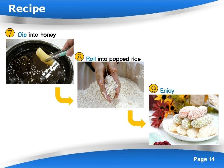 Recipe 7 Dip into honey 8 Roll into popped rice 9 Powerpoint Templates Enjoy