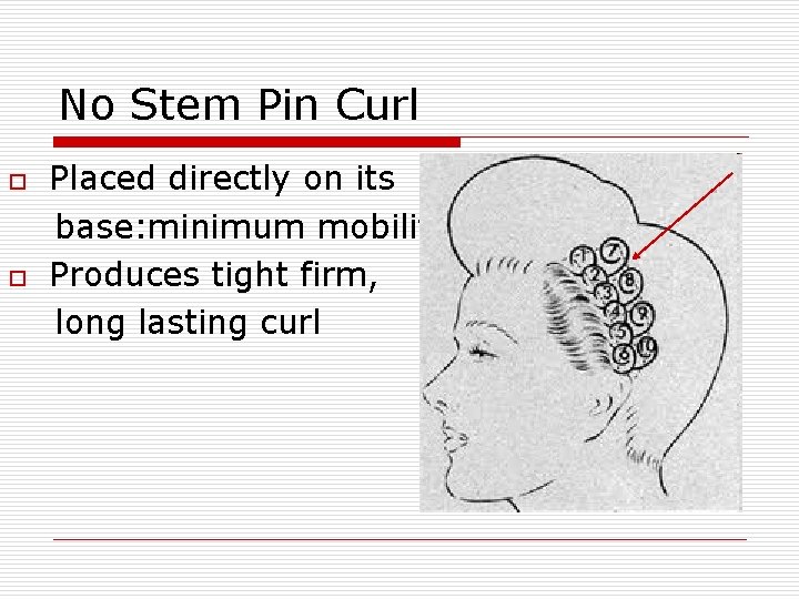 No Stem Pin Curl o o Placed directly on its base: minimum mobility Produces