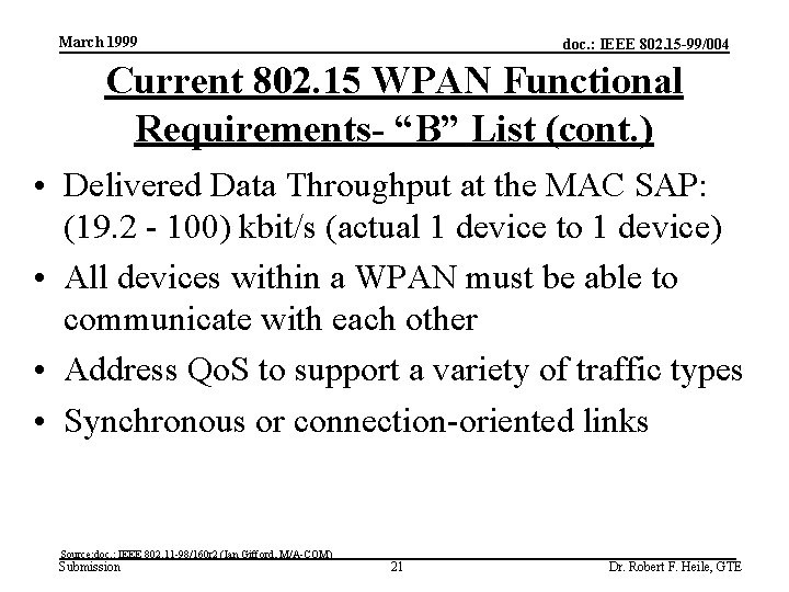 March 1999 doc. : IEEE 802. 15 -99/004 Current 802. 15 WPAN Functional Requirements-