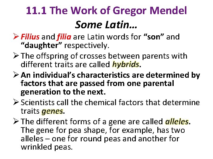 11. 1 The Work of Gregor Mendel Some Latin… Ø Filius and filia are