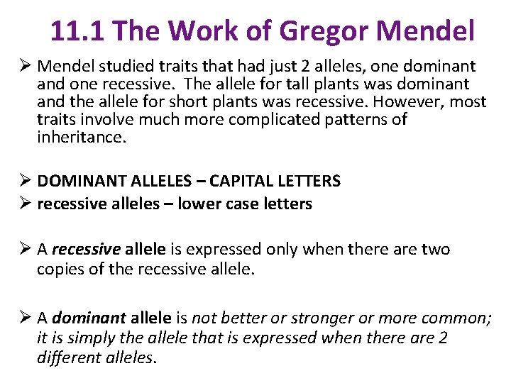 11. 1 The Work of Gregor Mendel Ø Mendel studied traits that had just