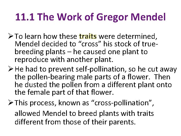 11. 1 The Work of Gregor Mendel Ø To learn how these traits were