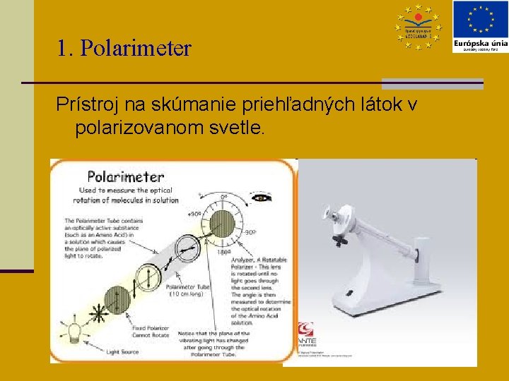 1. Polarimeter Prístroj na skúmanie priehľadných látok v polarizovanom svetle. 