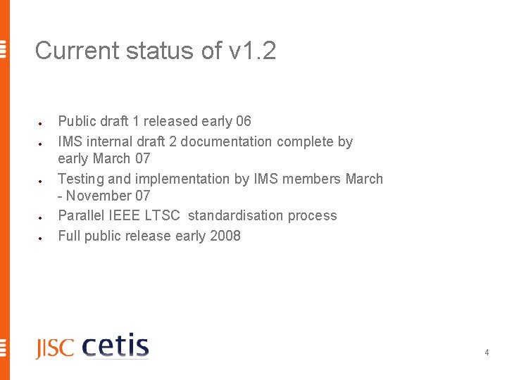 Current status of v 1. 2 Public draft 1 released early 06 IMS internal