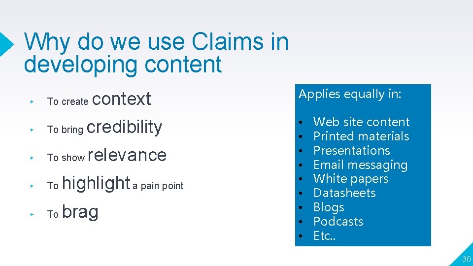 Why do we use Claims in developing content context ▸ To create ▸ To