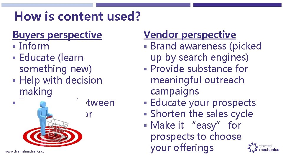How is content used? Buyers perspective § Inform § Educate (learn something new) §