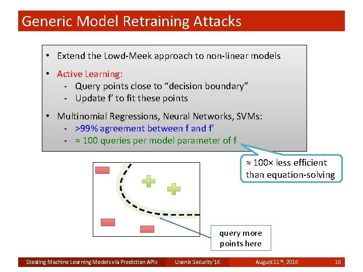 Generic Model Retraining Attacks • Extend the Lowd-Meek approach to non-linear models • Active