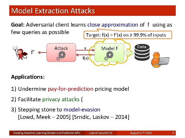 Model Extraction Attacks Goal: Adversarial client learns close approximation of f using as few