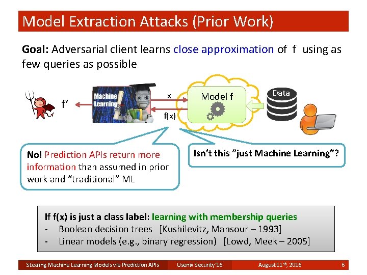 Model Extraction Attacks (Prior Work) Goal: Adversarial client learns close approximation of f using