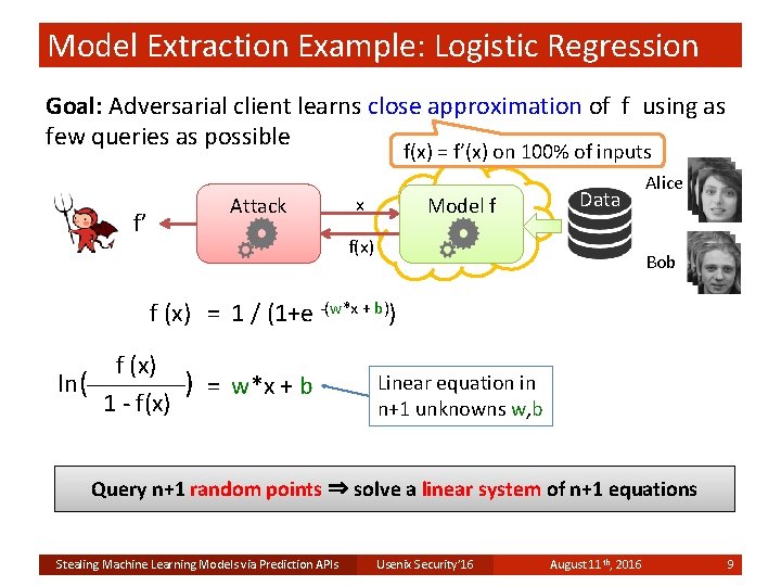 Model Extraction Example: Logistic Regression Goal: Adversarial client learns close approximation of f using