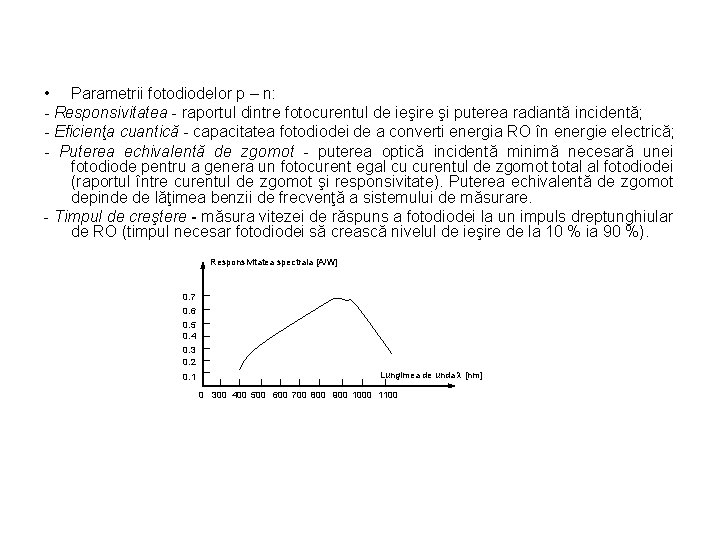  • Parametrii fotodiodelor p – n: - Responsivitatea - raportul dintre fotocurentul de