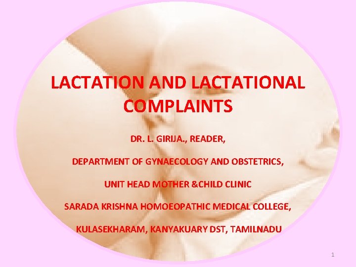 LACTATION AND LACTATIONAL COMPLAINTS DR. L. GIRIJA. , READER, DEPARTMENT OF GYNAECOLOGY AND OBSTETRICS,