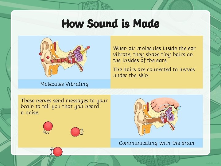 How Sound is Made When air molecules inside the ear vibrate, they shake tiny