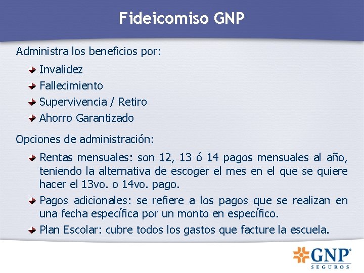 Fideicomiso GNP Administra los beneficios por: Invalidez Fallecimiento Supervivencia / Retiro Ahorro Garantizado Opciones Fideicomiso GNP Administra los beneficios por: Invalidez Fallecimiento Supervivencia / Retiro Ahorro Garantizado Opciones