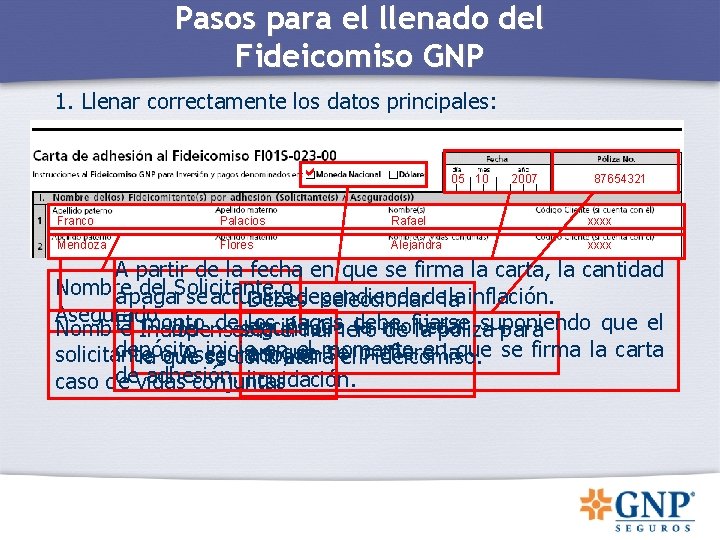 Pasos para el llenado del Fideicomiso GNP 1. Llenar correctamente los datos principales: a Pasos para el llenado del Fideicomiso GNP 1. Llenar correctamente los datos principales: a