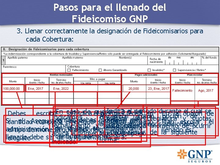 Pasos para el llenado del Fideicomiso GNP 3. Llenar correctamente la designación de Fideicomisarios Pasos para el llenado del Fideicomiso GNP 3. Llenar correctamente la designación de Fideicomisarios